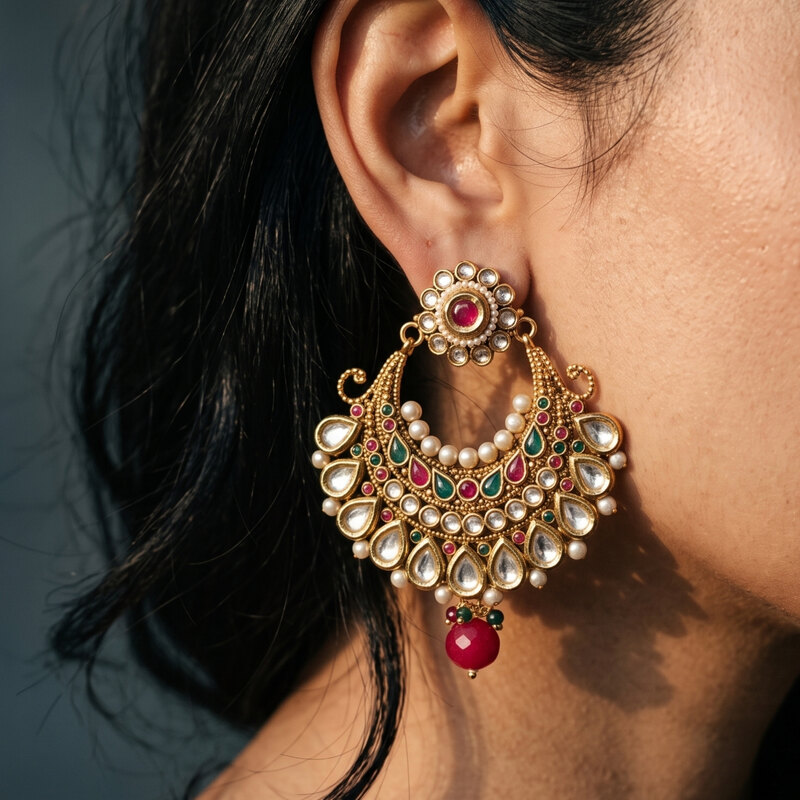 Kundan Chandbali Earrings with Ruby Drop