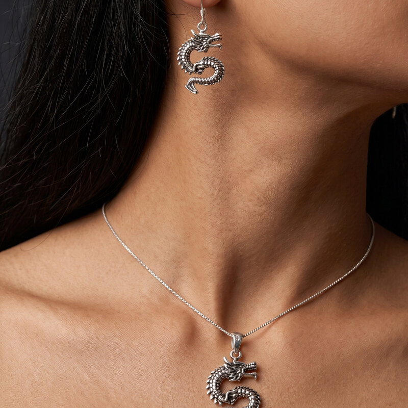Oxidised Silver Dragon Pendant with Chain