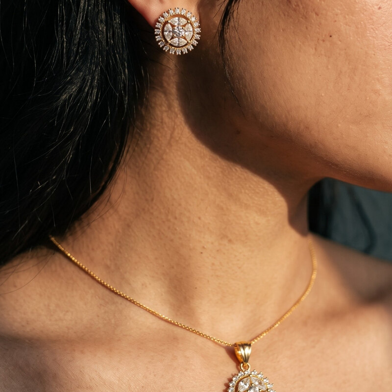 Round Halo Pendant Set with Studs